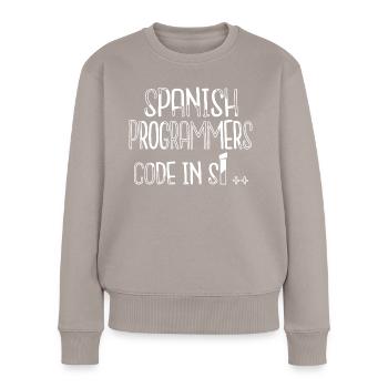 present backend developer happy computer humor - Frauen Premium Bio Pullover - Taupe - Vorne - Julia (174cm)
