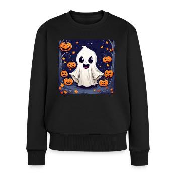 Niedliches Schreckgespenst mit gruseligen Kürbisse - Frauen Premium Bio Pullover - Schwarz - Vorne - Julia (174cm)