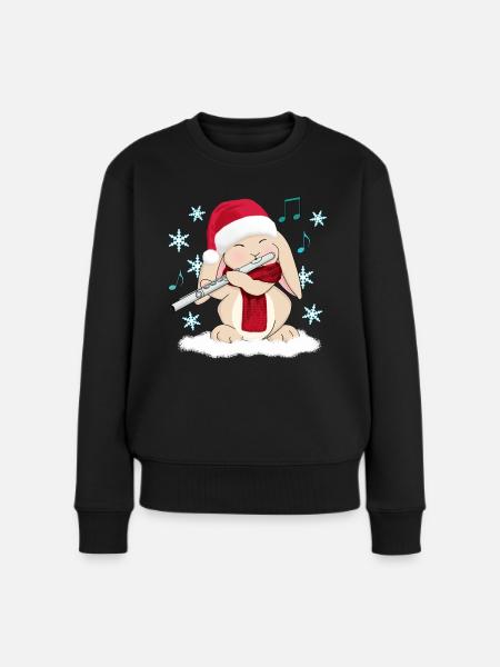 Weihnachtsflötenspieler süßes Kaninchen in Santa Hat - Frauen Premium Bio Pullover - Schwarz