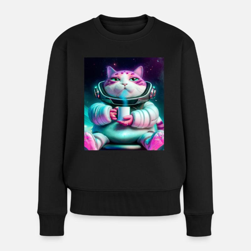 Dicke Katze trinkt Tee im Weltall - Frauen Premium Bio Pullover - Schwarz
