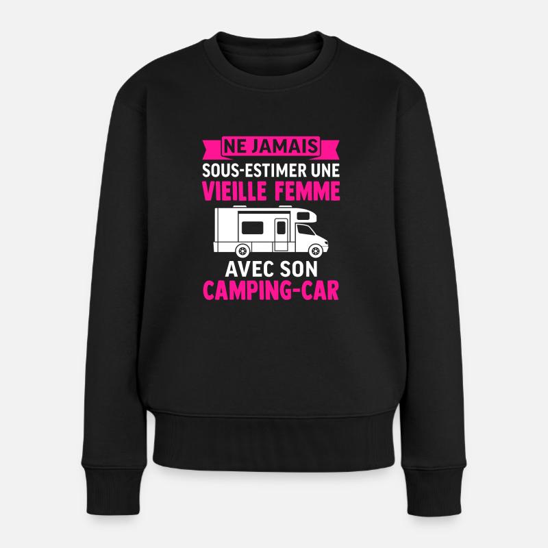 eine alte Frau mit ihrem Wohnmobil - Frauen Premium Bio Pullover - Schwarz
