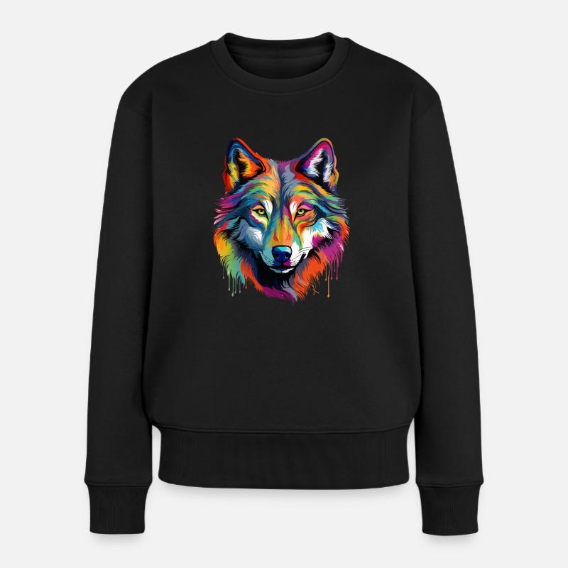 Bunter Wolf Farbspritzer Farbkleckse - Frauen Premium Bio Pullover - Schwarz