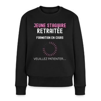 Stagiaire retraitée femme humour retraite - Pull Premium bio Femme - noir - Devant - Julia (174cm)