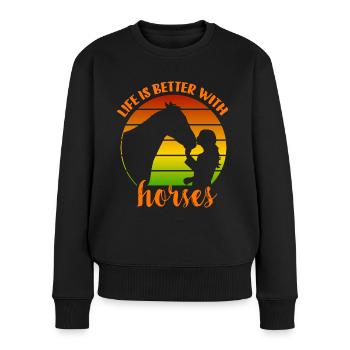 Das Leben ist besser mit Pferden - Frauen Premium Bio Pullover - Schwarz - Vorne - Julia (174cm)