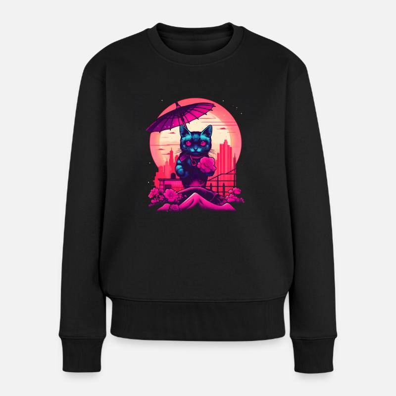 Synthwave japan Chat avec parapluie - Pull Premium bio Femme - noir