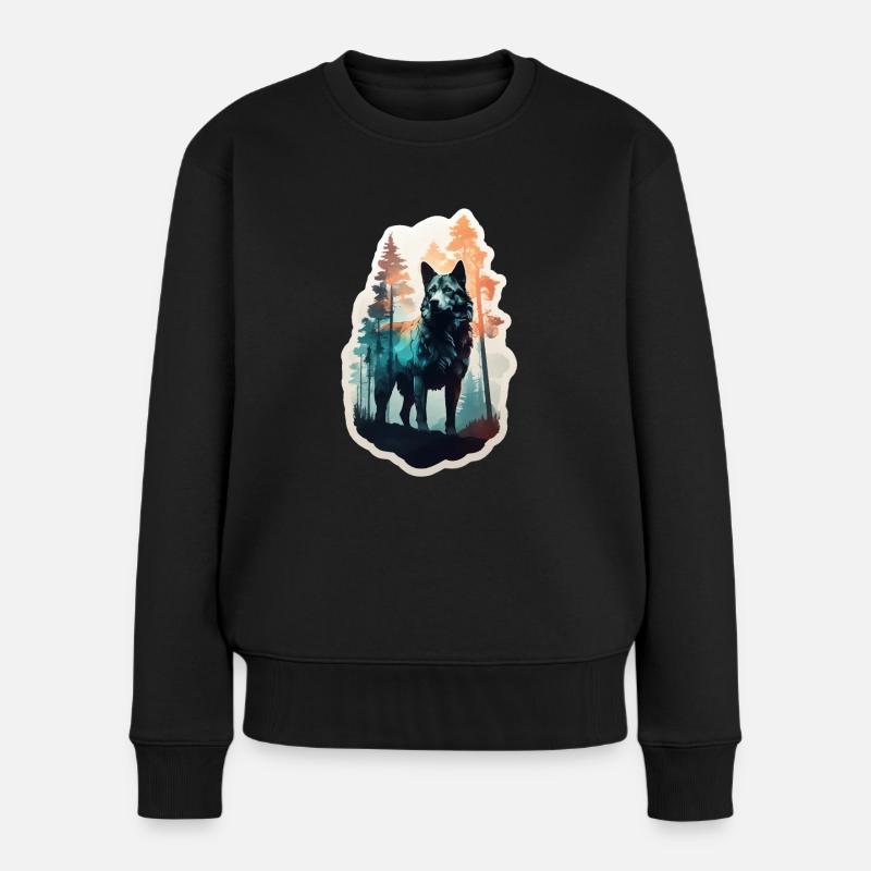 Nordischer Wolf voller Wald - Frauen Premium Bio Pullover - Schwarz
