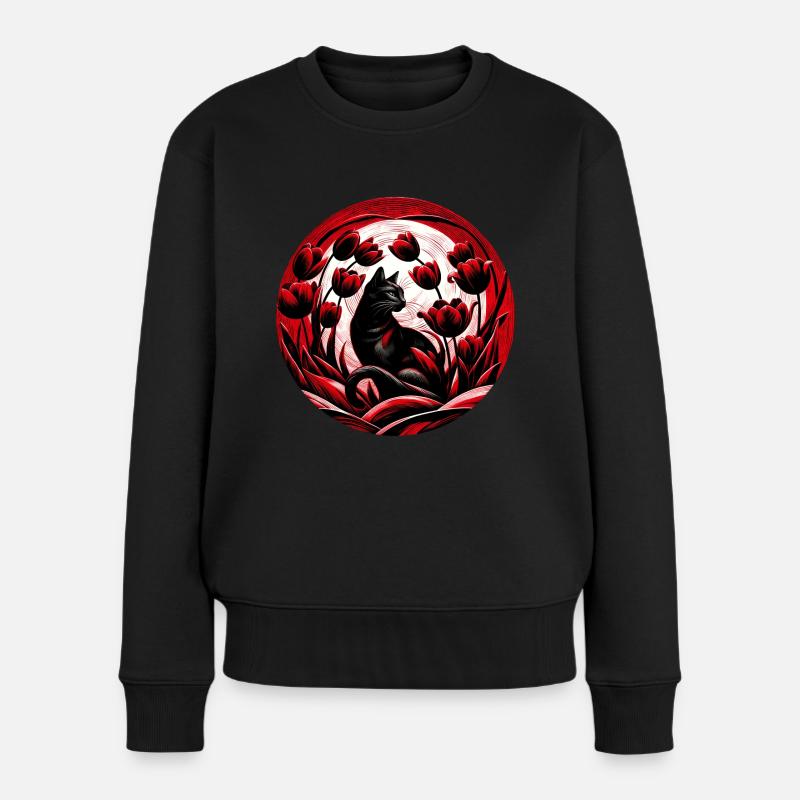 Schwarze Katze Rote Tulpen - Frauen Premium Bio Pullover - Schwarz