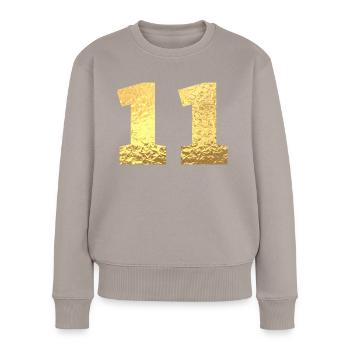 Numéro 11 paillettes doré - 11e anniversaire - Pull Premium bio Femme - taupe - Devant - Julia (174cm)