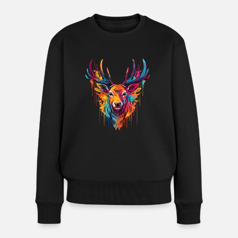 Farbenfoher Hirsch - Frauen Premium Bio Pullover - Schwarz