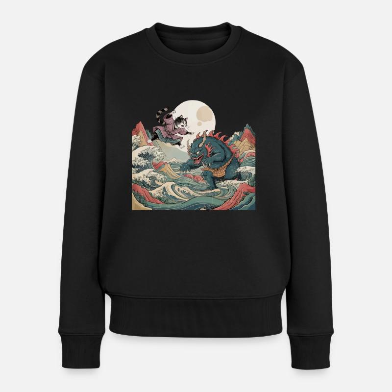 Samurai-Katze - Frauen Premium Bio Pullover - Schwarz