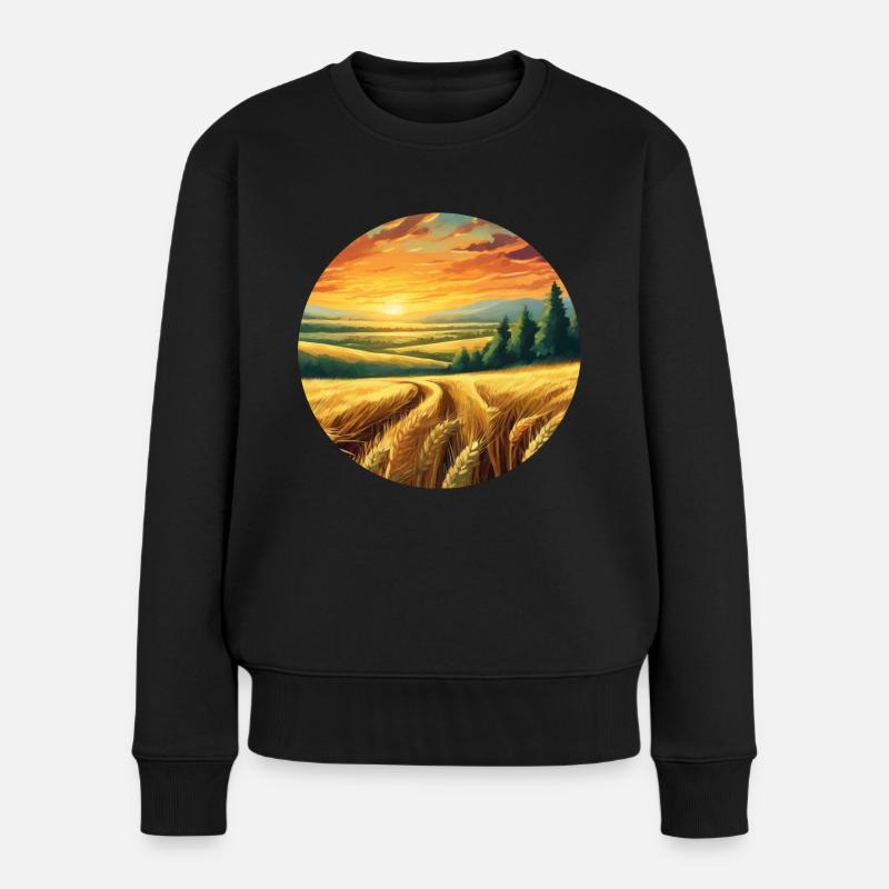 Landschaft mit Feld und Wald bei Sonnenuntergang - Frauen Premium Bio Pullover - Schwarz