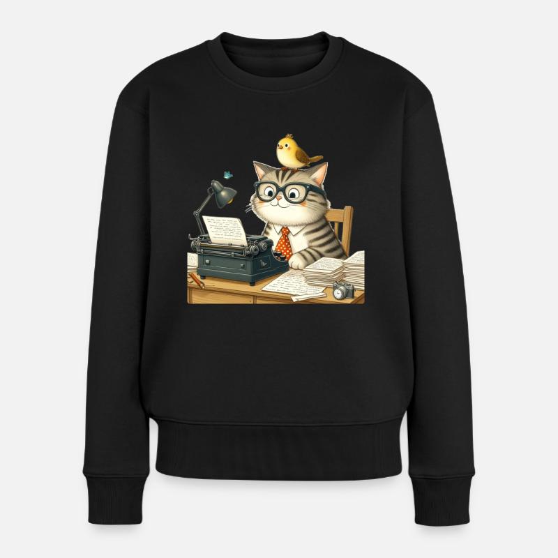 Katze, Vogel, Schreibmaschine - Frauen Premium Bio Pullover - Schwarz