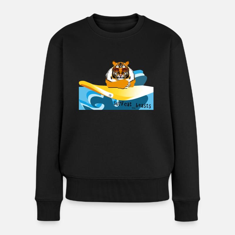 Tiger auf einem Surfbrett - Frauen Premium Bio Pullover - Schwarz