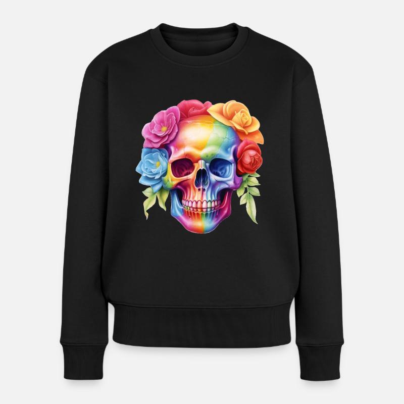 Cooler Totenkopf in Regenbogenfarben - Frauen Premium Bio Pullover - Schwarz