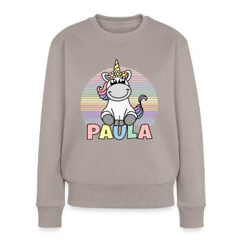 Nom de la licorne Paula - Pull Premium bio Femme - taupe - Devant - Julia (174cm)
