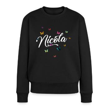 NICOLA - Mädchen Name mit bunten Schmetterlingen - Frauen Premium Bio Pullover - Schwarz - Vorne - Julia (174cm)
