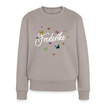 FREDERIKE - Nom de la fille et papillons colorés - Pull Premium bio Femme - taupe - Devant - Julia (174cm)