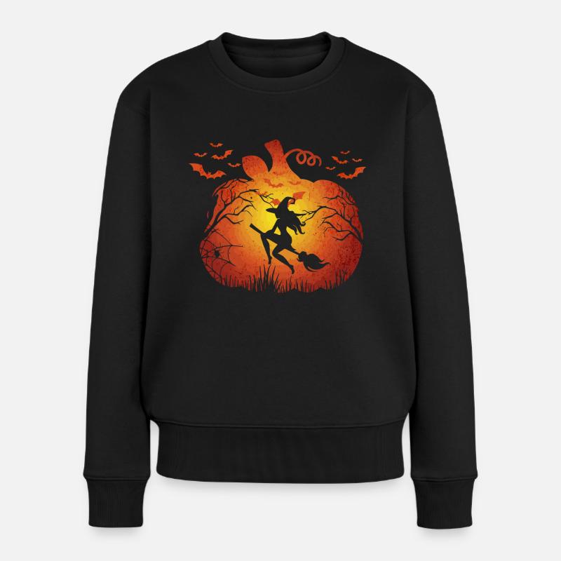 Halloween witch on broomstick wearing wizards hat - Frauen Premium Bio Pullover - Schwarz
