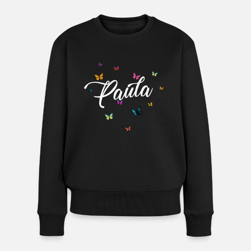PAULA - Mädchen Name mit bunten Schmetterlingen - Frauen Premium Bio Pullover - Schwarz