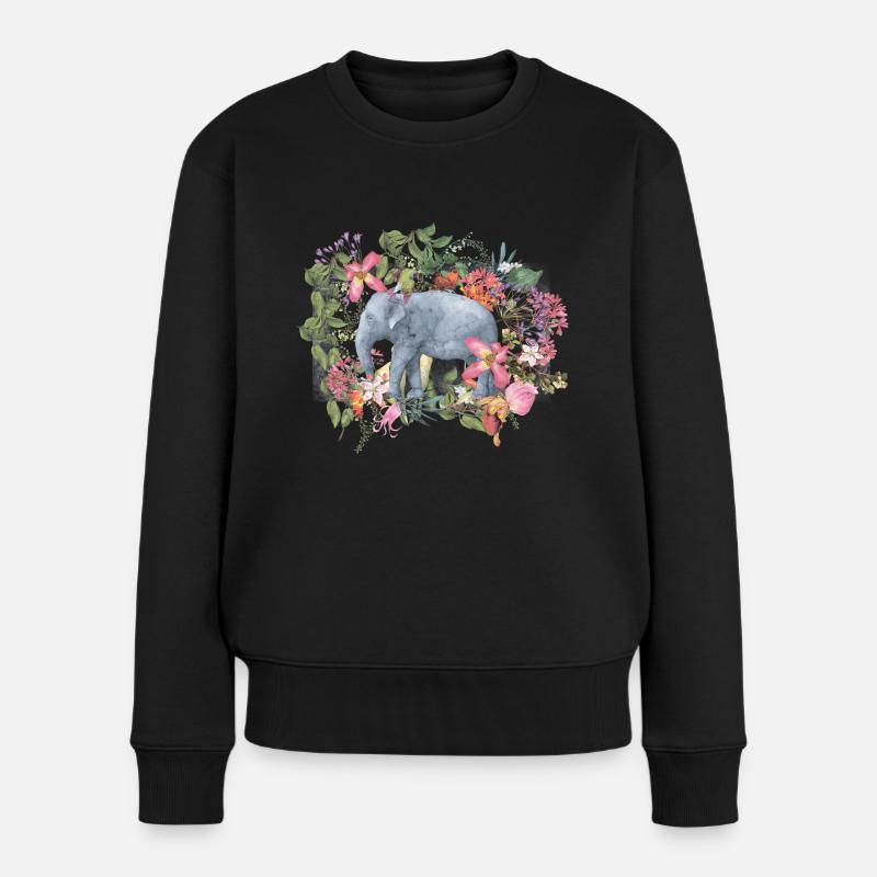 Elefant im Blütendschungel - Frauen Premium Bio Pullover - Schwarz