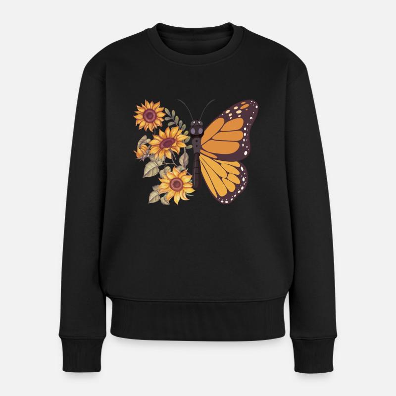 Schmetterling Sonnenblumen - Frauen Premium Bio Pullover - Schwarz