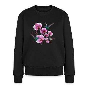 Colibris avec orchidées rose vert - Pull Premium bio Femme - noir - Devant - Julia (174cm)