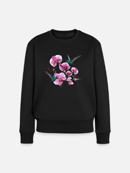 Kolibris mit Orchideen pink grün - Frauen Premium Bio Pullover - Schwarz
