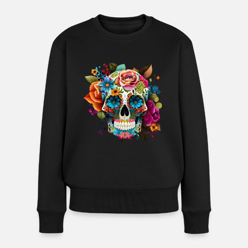 Bunter Sugar Skull Totenkopf mit Batik-Bandana - Frauen Premium Bio Pullover - Schwarz