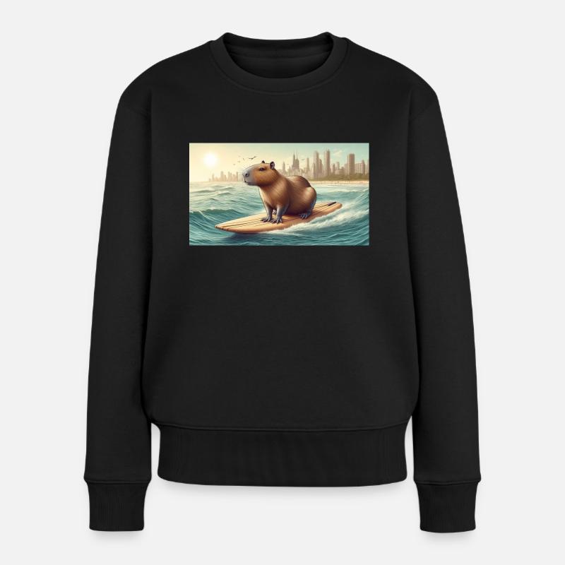 Surfendes Wasserschwein - Frauen Premium Bio Pullover - Schwarz