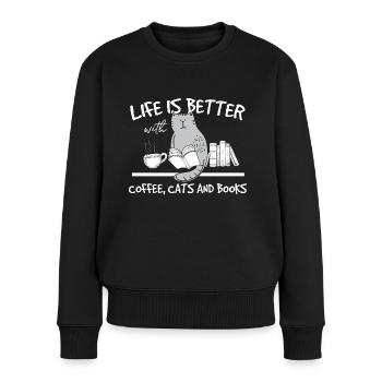 Gebildete Katze mit Buch und Kaffe - Katzen Shirt - Frauen Premium Bio Pullover - Schwarz - Vorne - Julia (174cm)