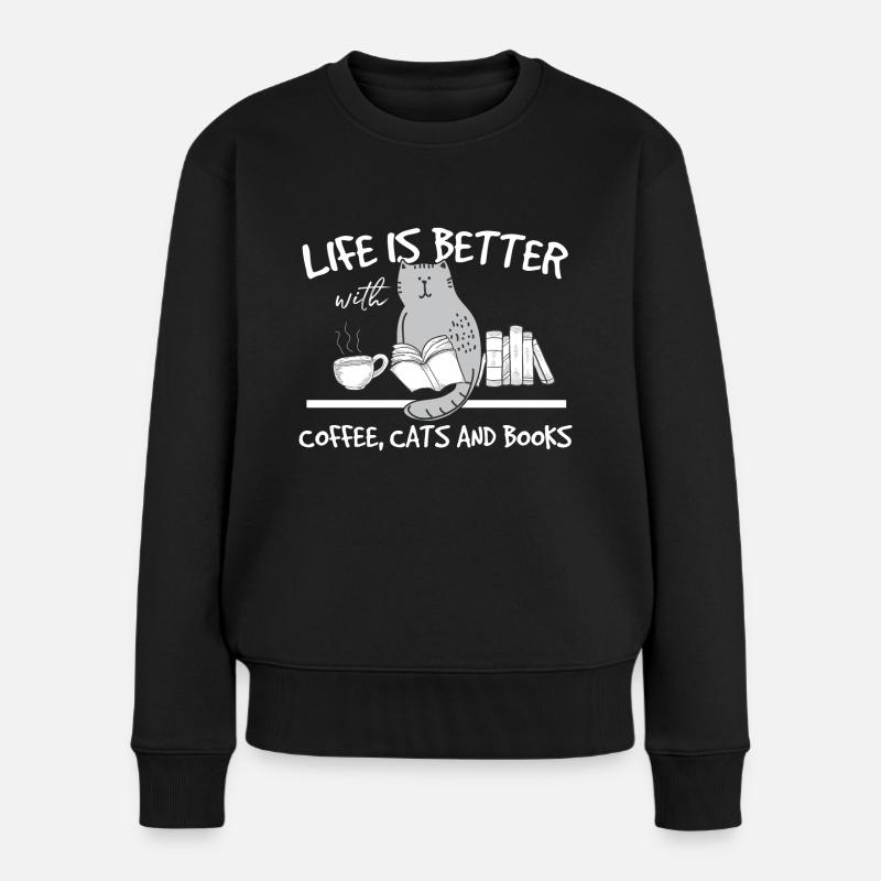 Gebildete Katze mit Buch und Kaffe - Katzen Shirt - Frauen Premium Bio Pullover - Schwarz