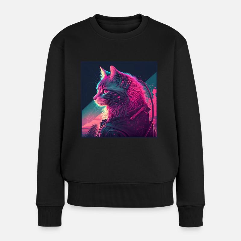 Cat Vaporwave Aesthetic Retro - Frauen Premium Bio Pullover - Schwarz