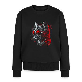 Coole futuristische Steampunk Katze, rote Brille - Frauen Premium Bio Pullover - Schwarz - Vorne - Julia (174cm)