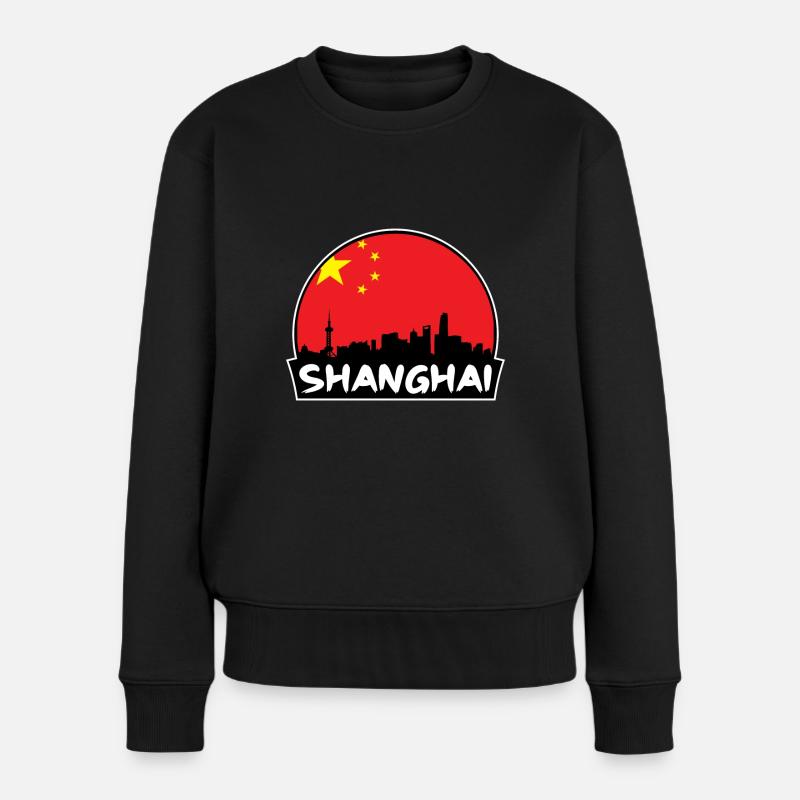 Shanghai China Flagge Skyline Silhouette Reisen - Frauen Premium Bio Pullover - Schwarz