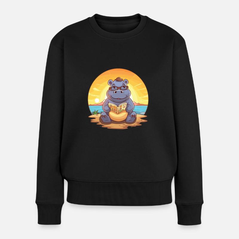 Nilpferd Niedliche Lustige Karikatur Kawaii Buch Strand - Frauen Premium Bio Pullover - Schwarz