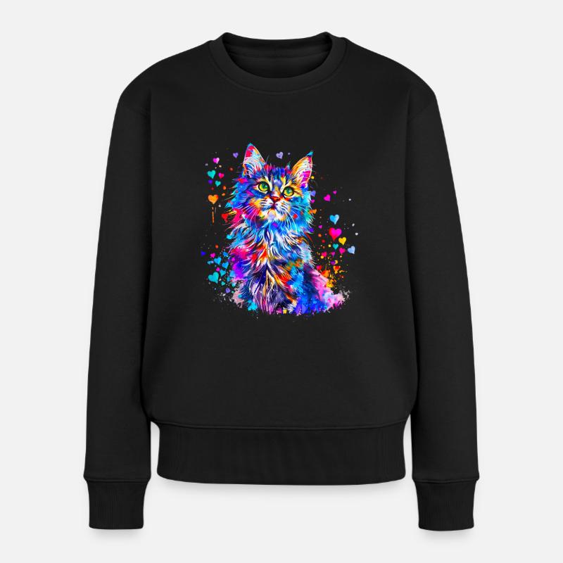 Niedliche Katze mit Herzen - Frauen Premium Bio Pullover - Schwarz