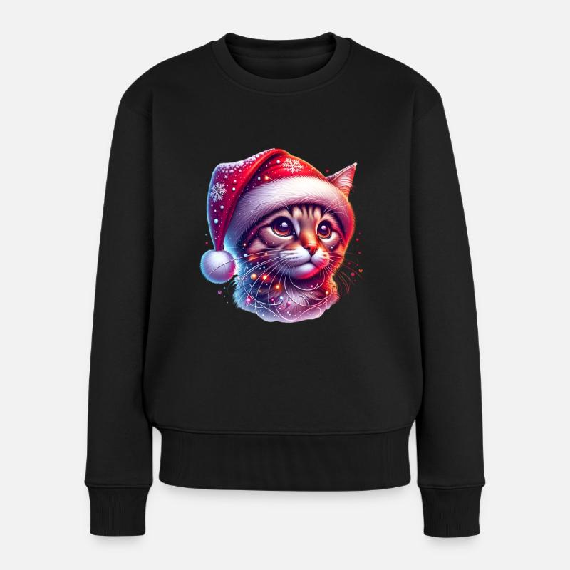 Süße Weihnachts Katze Weihnachtsmütze - Frauen Premium Bio Pullover - Schwarz