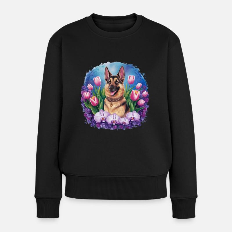 Cartoon deutscher Schäferhund mit Orchideen - Frauen Premium Bio Pullover - Schwarz