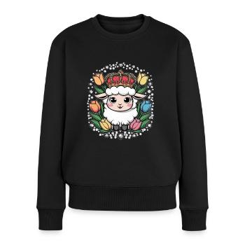 Royal Kawaii Sheep with Crown and Tulips - Women's Premium Organic Jumper - black - Front - Julia (174cm)