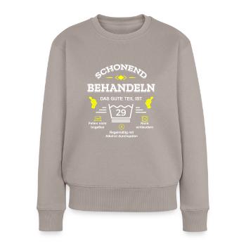 SCHONEND BEHANDELN 29. GEBURTSTAG - Frauen Premium Bio Pullover - Taupe - Vorne - Julia (174cm)