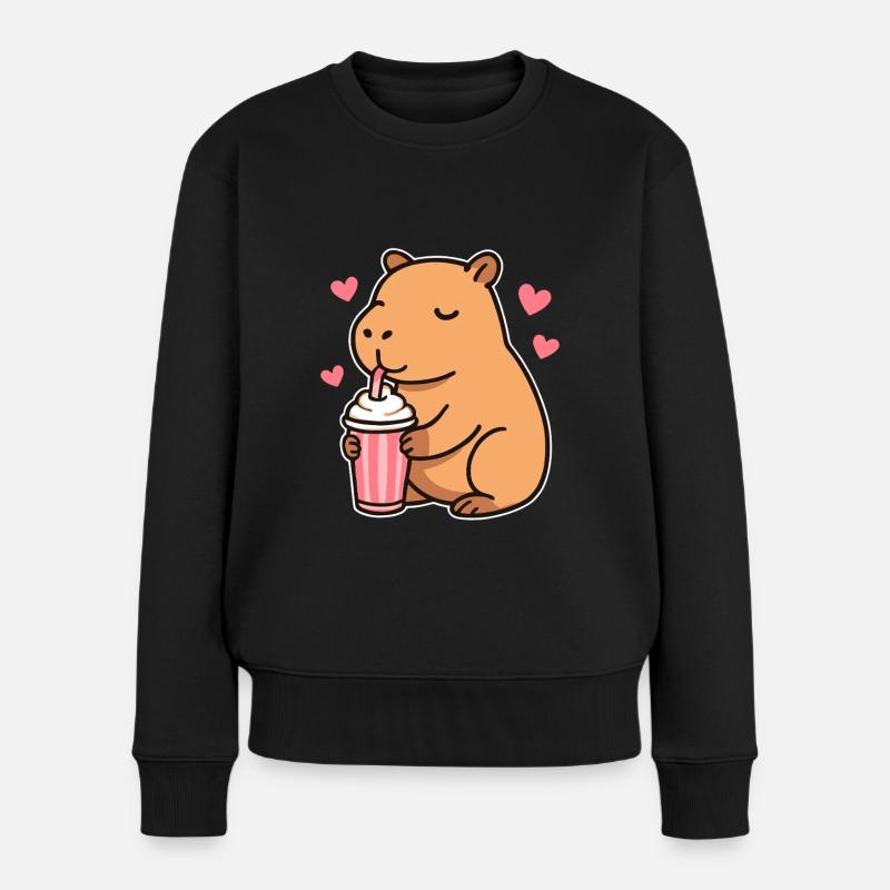 Capybara mit Milkshake – Süßes Tierdesign - Frauen Premium Bio Pullover - Schwarz