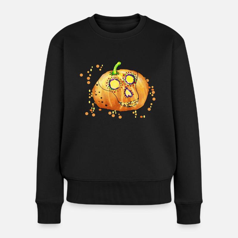 Totenkopf und Kürbis - Frauen Premium Bio Pullover - Schwarz
