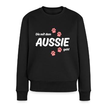 Die mit dem Aussie geht - Hundepfoten - Frauen Premium Bio Pullover - Schwarz - Vorne - Julia (174cm)