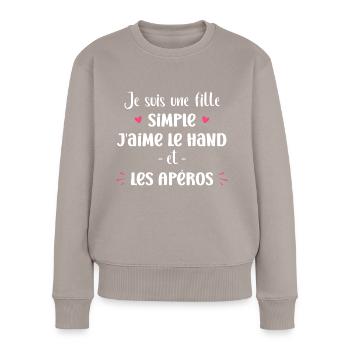 Fille simple j'aime le hand et les apéros - Pull Premium bio Femme - taupe - Devant - Julia (174cm)
