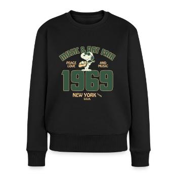 Peanuts Snoopy Peace Love Music 1969 - Frauen Premium Bio Pullover - Schwarz - Vorne - Julia (174cm)