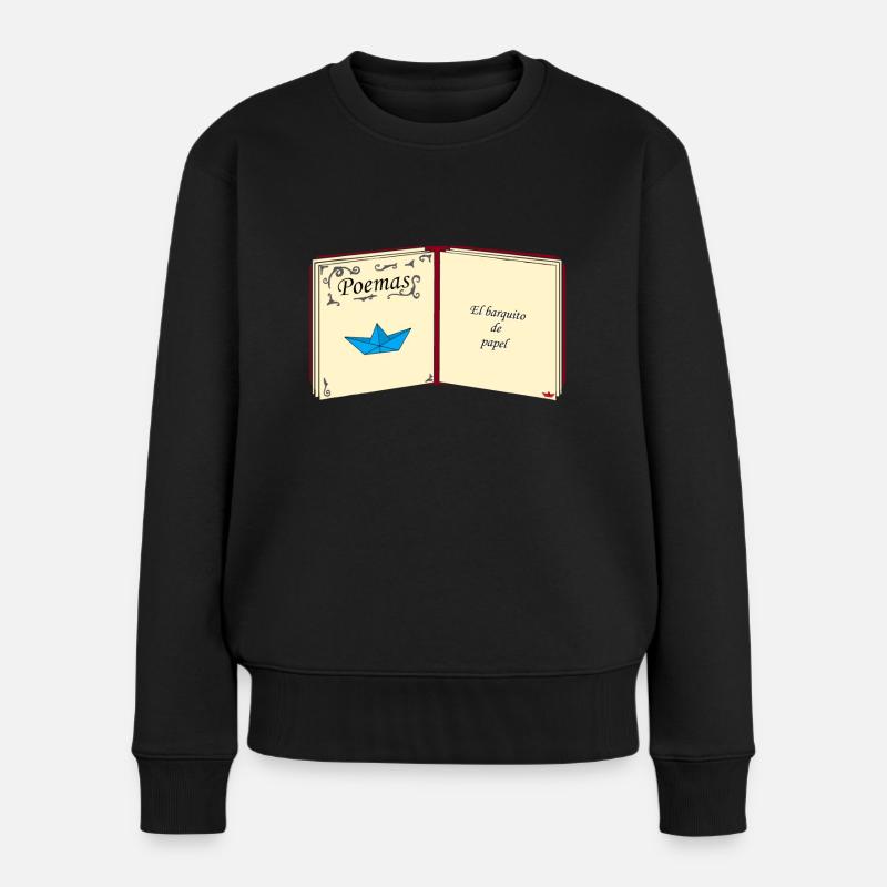 Aufgeschlagenes Buch mit Papierschiff - Frauen Premium Bio Pullover - Schwarz
