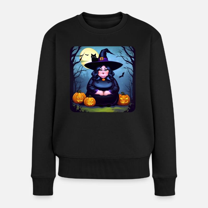 Dicke Hexe mit schwarzer Katze und Kürbislaternen - Frauen Premium Bio Pullover - Schwarz