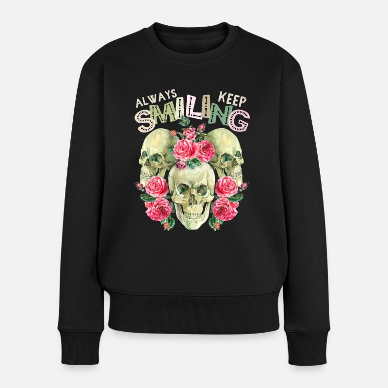 Drei Totenschädel Totenkopf mit Rosen-Dekor Spruch - Frauen Premium Bio Pullover - Schwarz