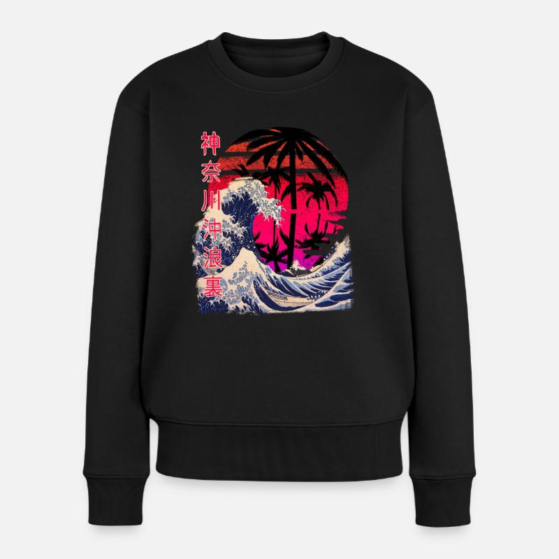 Große Welle Kanagawa Retro Sunset - Frauen Premium Bio Pullover - Schwarz