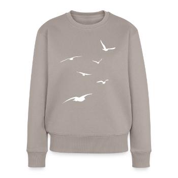 Möwenschwarm - Urlaub am Meer - Strand - Himmel - Frauen Premium Bio Pullover - Taupe - Vorne - Julia (174cm)